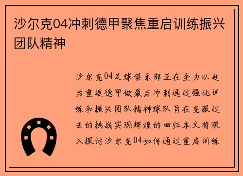沙尔克04冲刺德甲聚焦重启训练振兴团队精神
